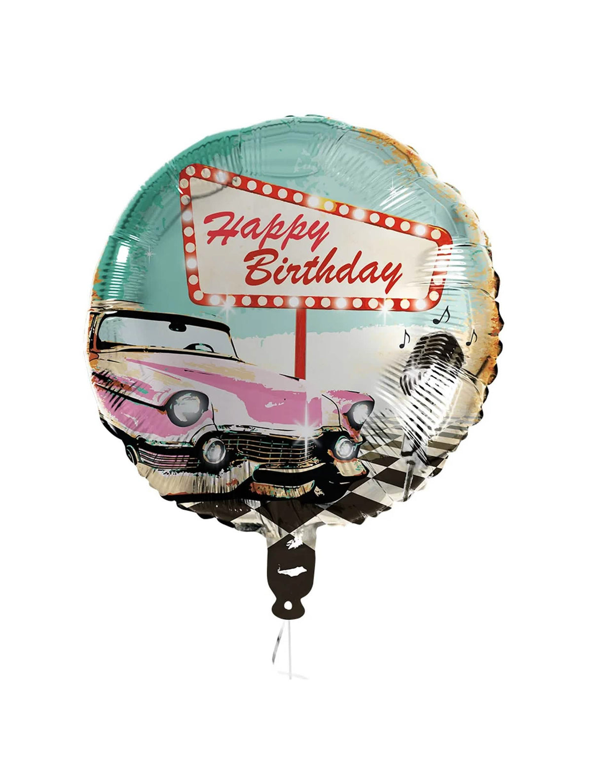 Balão de alumínio Happy Birthday Rock'n'roll para aniversário azul com carro vintage e microfone