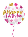 Ballon aluminium Happy Birthday pour anniversaire rose et doré