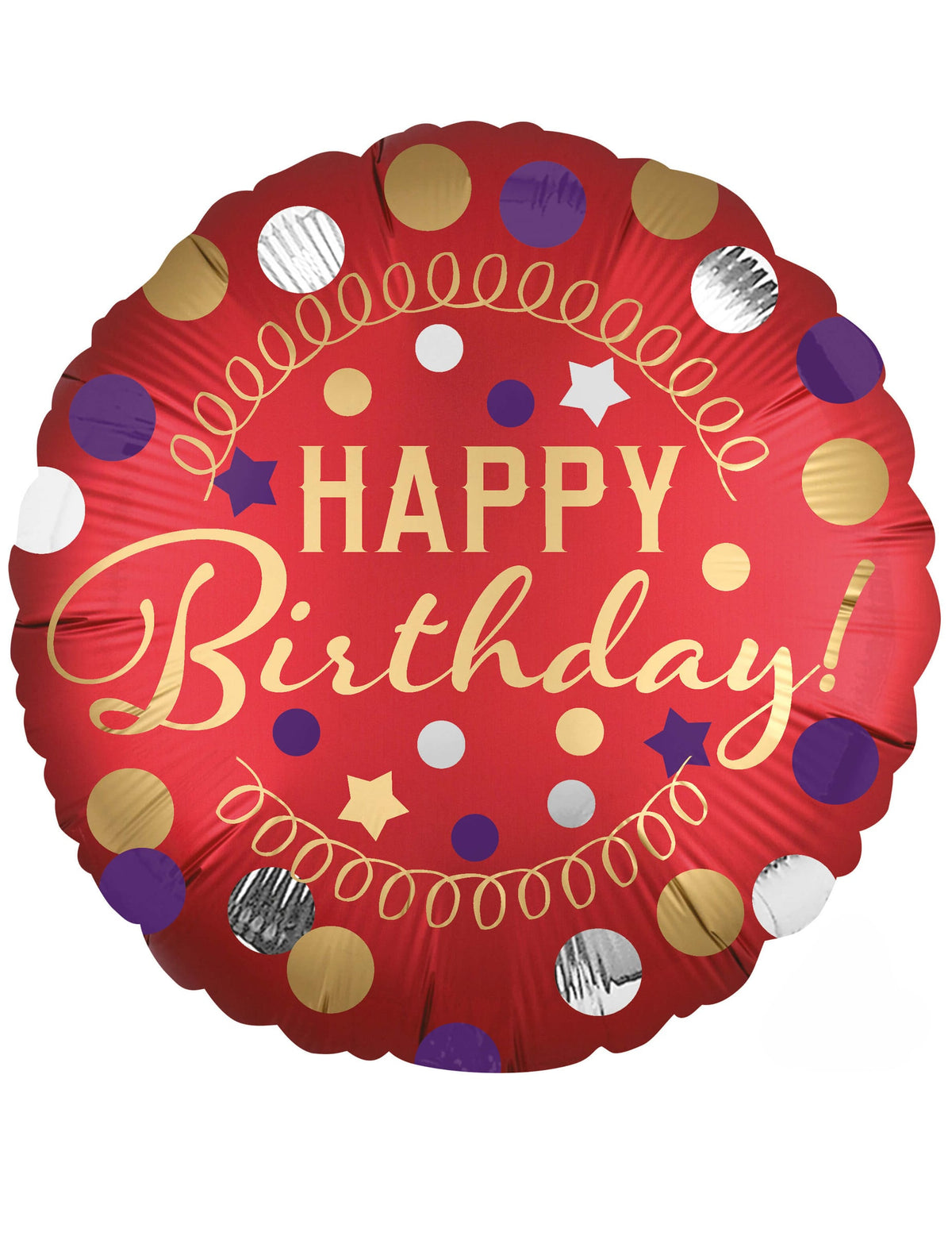 Ballon aluminium Happy Birthday pour anniversaire rouge satiné avec pois dorés et argentés