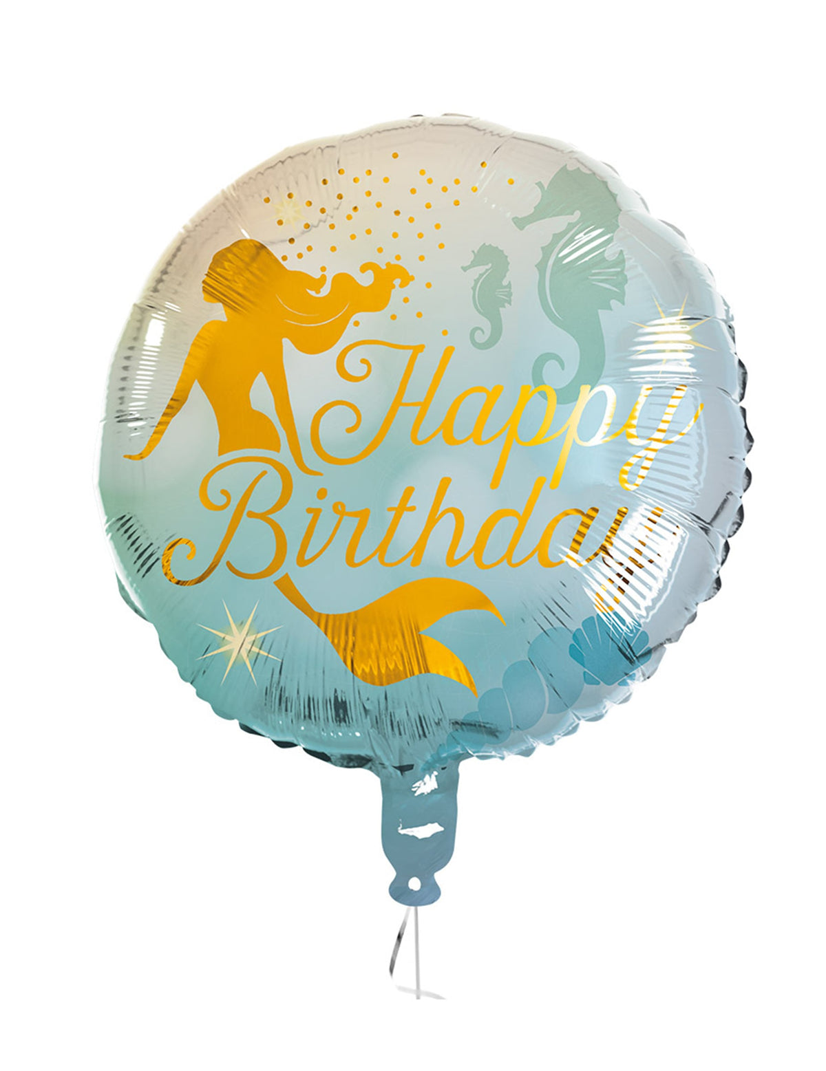 Ballon aluminium Happy Birthday sirène pour anniversaire bleu et doré avec hippocampes