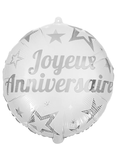 Ballon aluminium Joyeux anniversaire blanc à motifs étoiles argentées