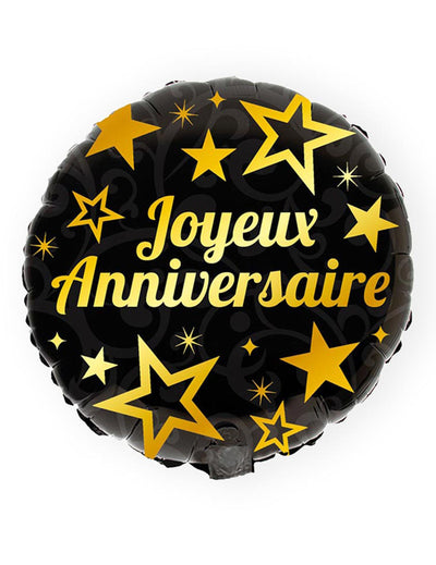 Ballon aluminium joyeux anniversaire pour fête noir et doré avec étoiles