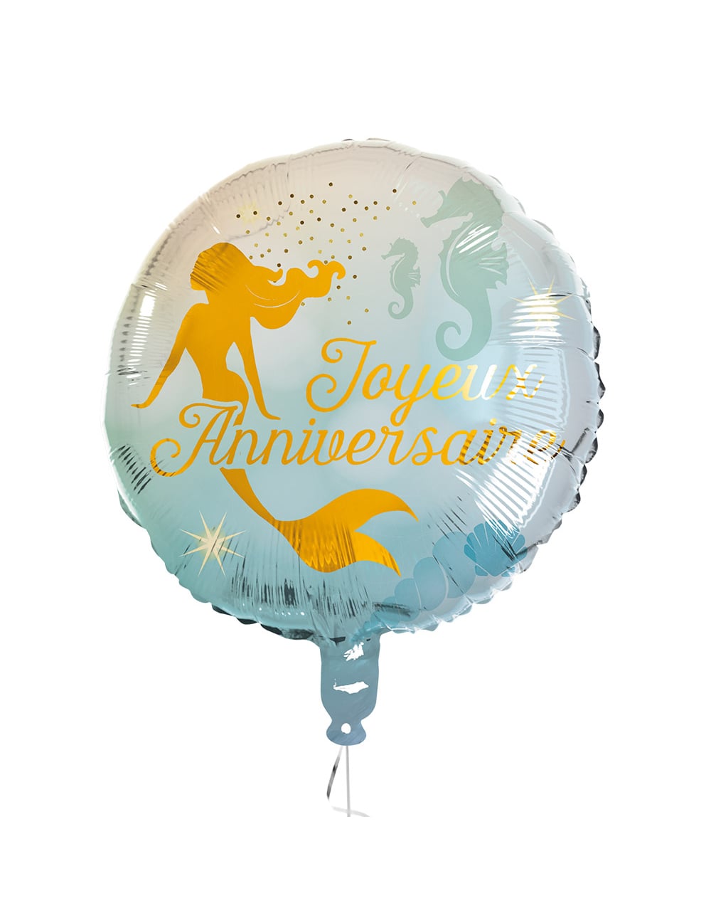 Ballon aluminium Joyeux Anniversaire sirène bleu et doré avec motifs marins