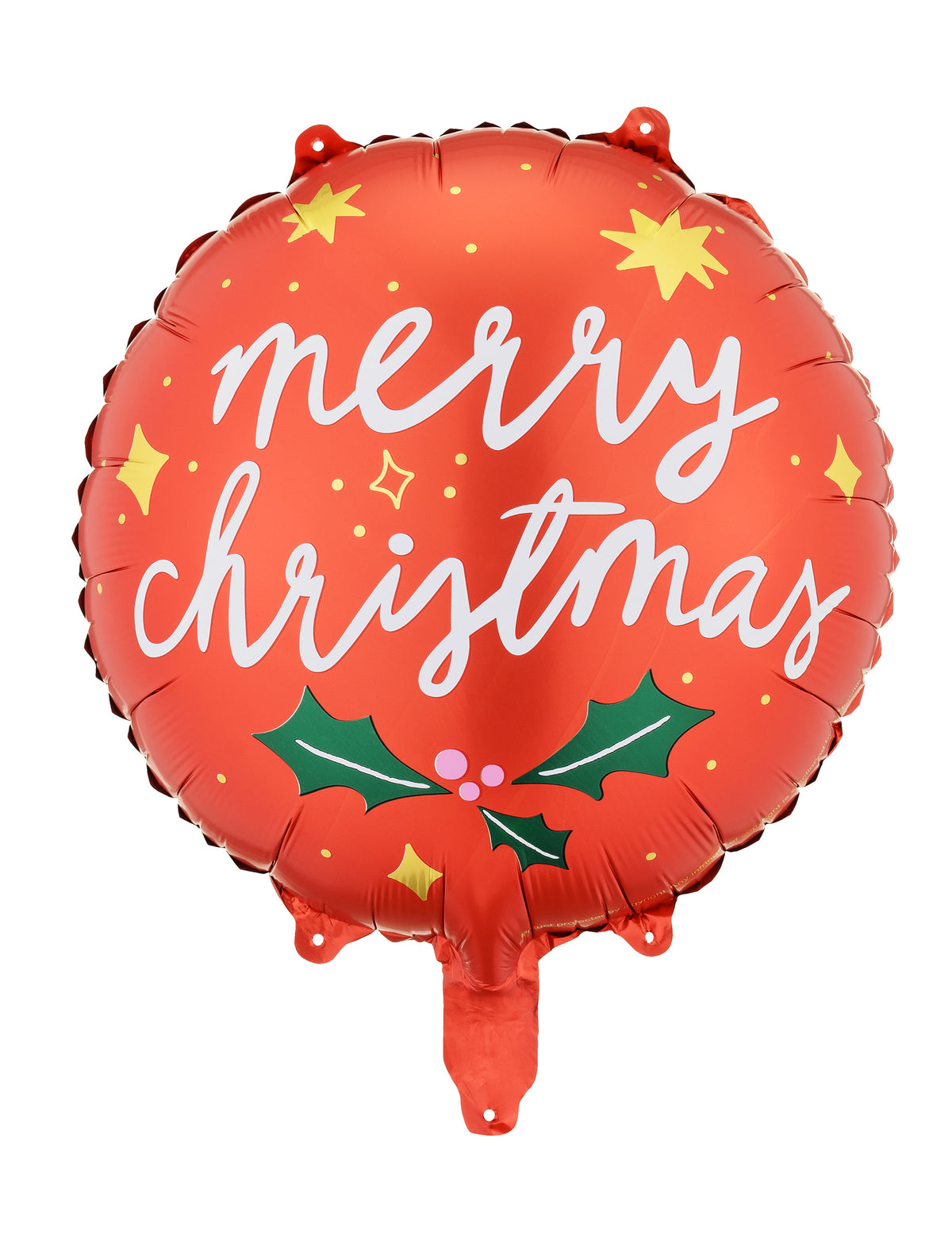 Ballon aluminium Merry Christmas pour fête rouge avec motifs étoiles et houx