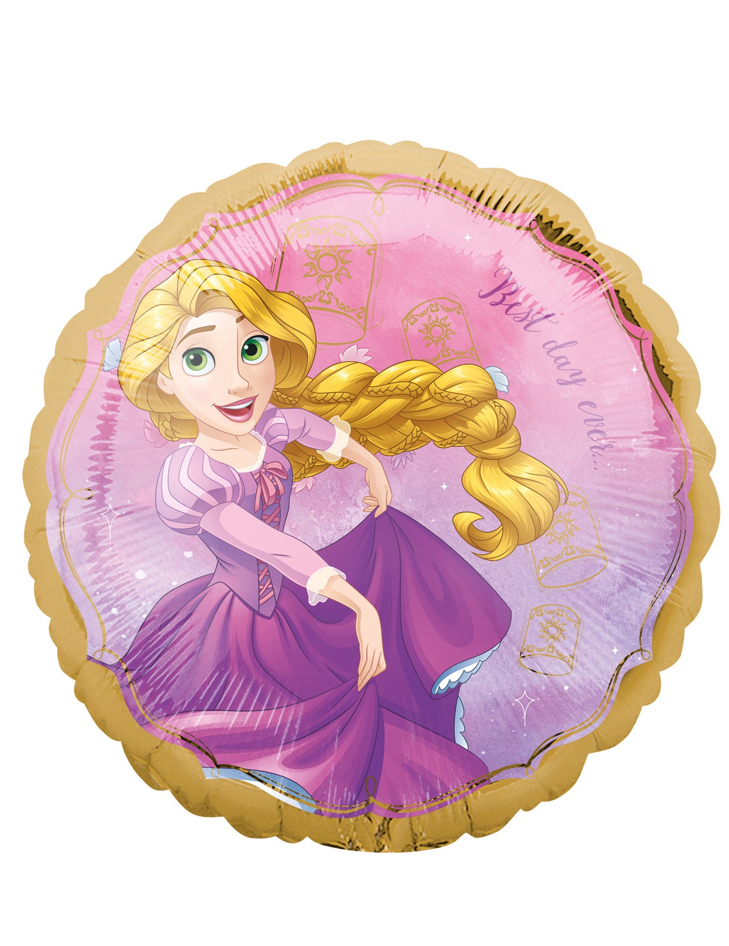 Ballon aluminium Raiponce Disney pour enfant rose et violet avec bordure dorée