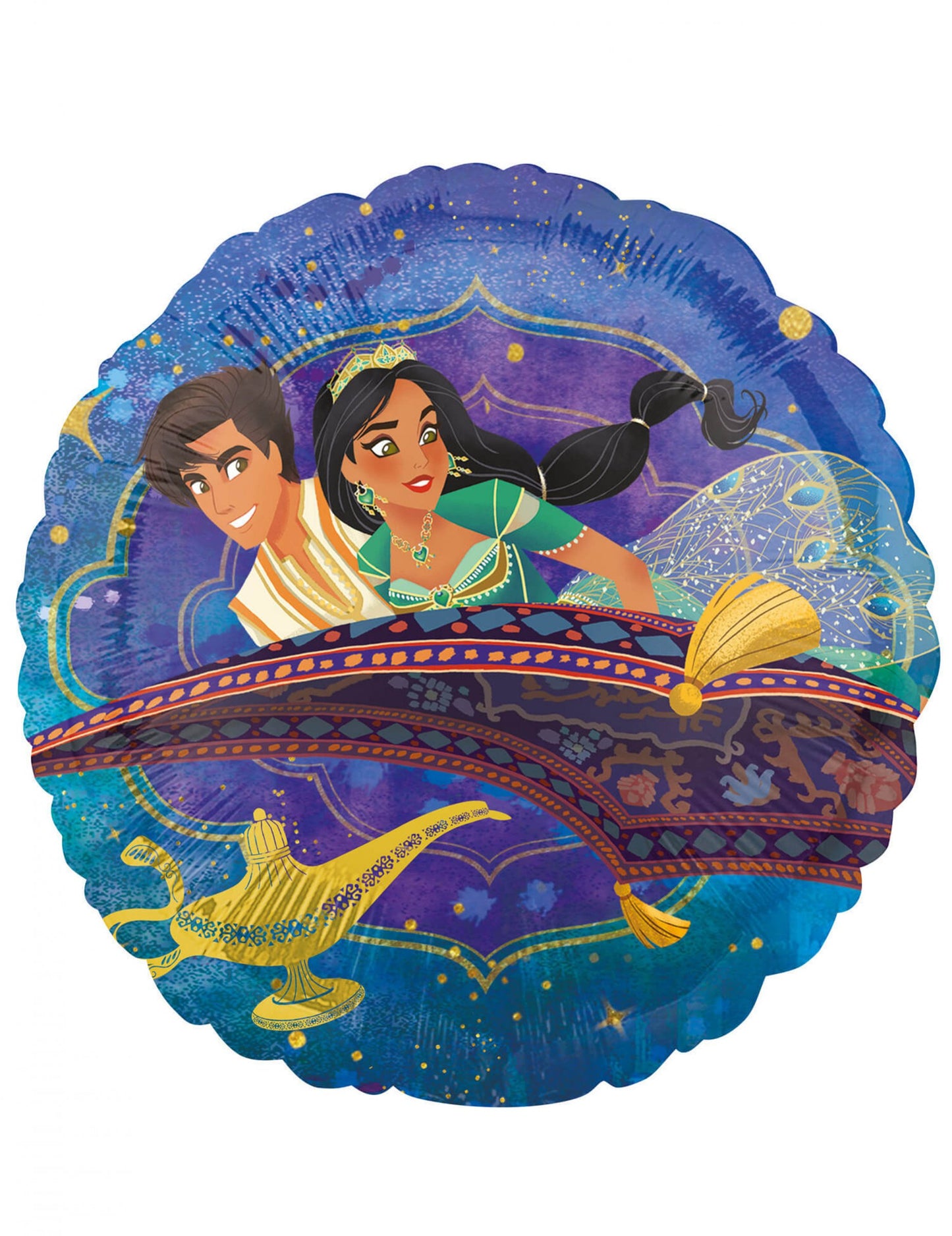 Ballon aluminium Aladdin pour enfant bleu et violet recto verso avec Jasmine et tapis volant