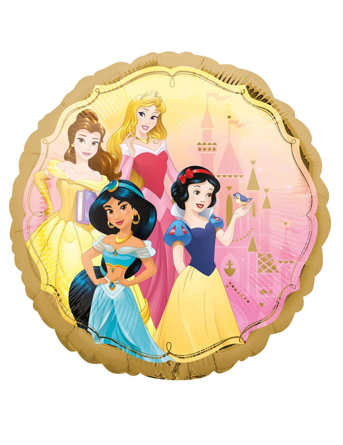 Balão de alumínio frente e verso princesas Disney para criança dourado e cor de rosa