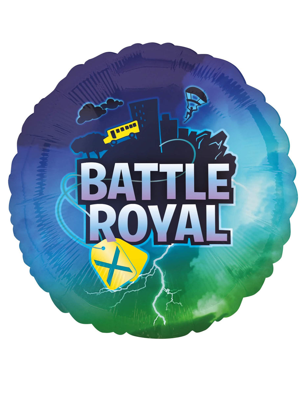 Ballon aluminium rond Battle Royale pour fête bleu et vert avec bus jaune et éclair