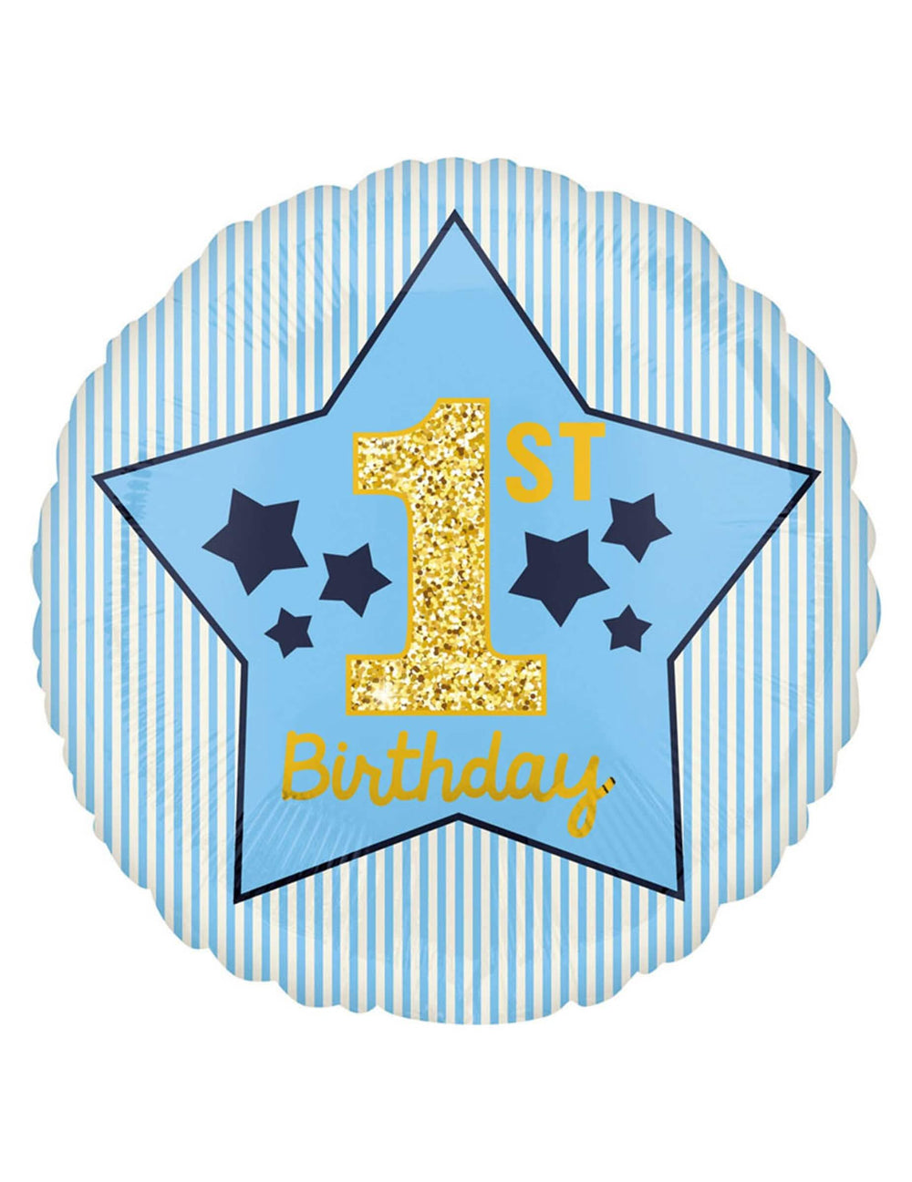 Balão de alumínio 1st birthday estrela para menino azul às riscas com o número 1 dourado