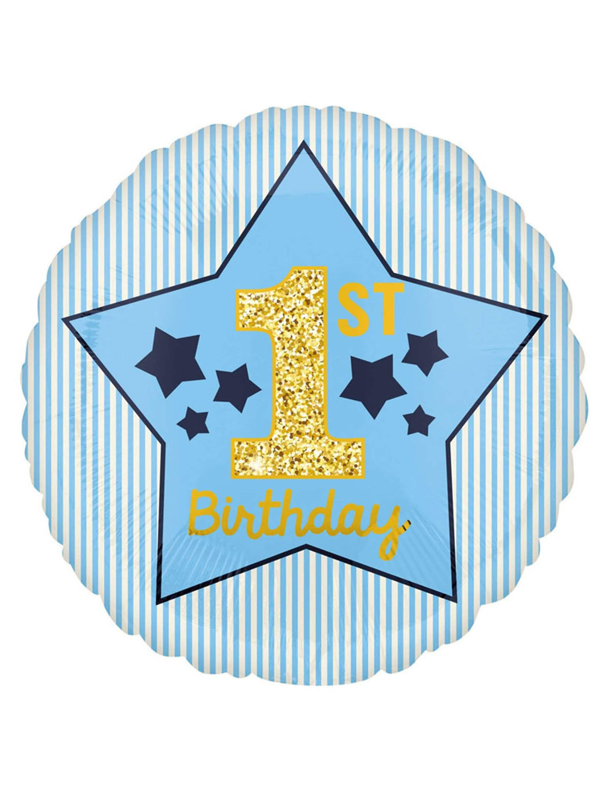 Balão de alumínio 1st birthday estrela para menino azul às riscas com o número 1 dourado