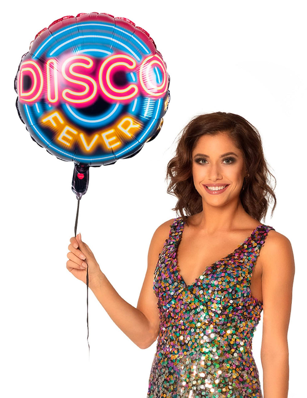 Colocação do balão de alumínio Disco fever segurado por uma mulher