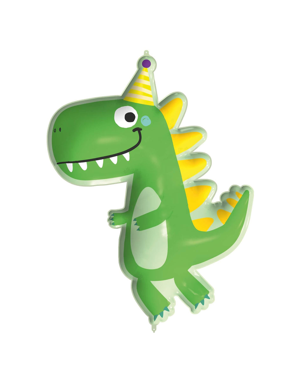 Balão gigante em alumínio dinossauro para criança verde com chapéu de festa amarelo
