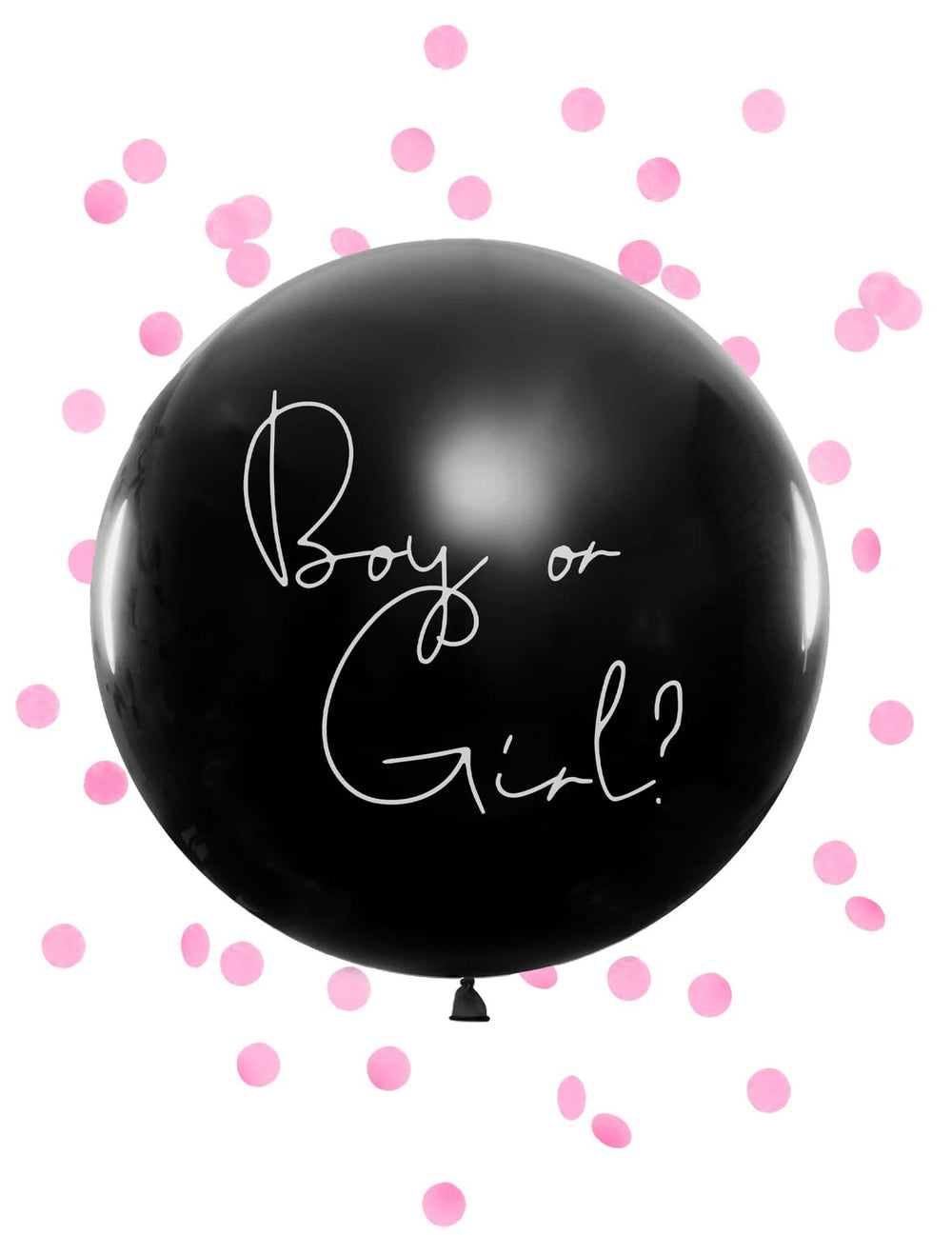 Balão gigante em látex boy or girl para baby shower preto com confettis rosas