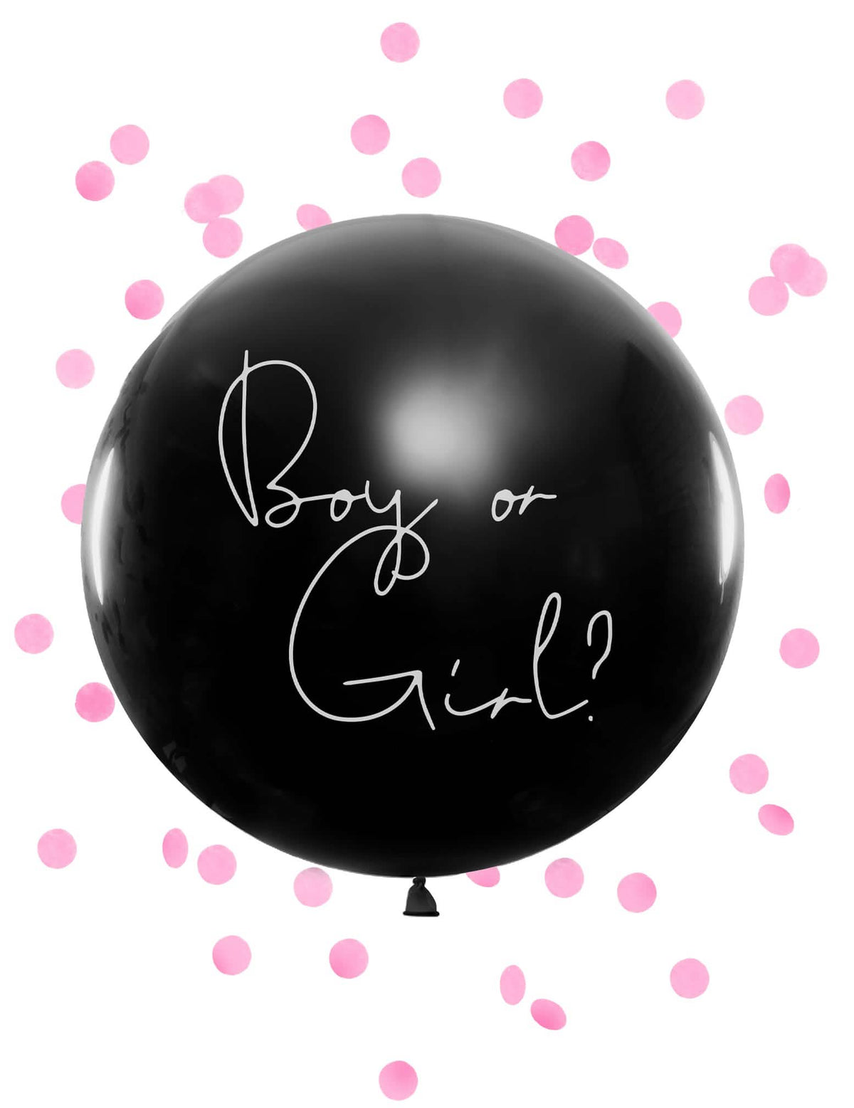 Balão gigante em látex boy or girl para baby shower preto com confettis rosas