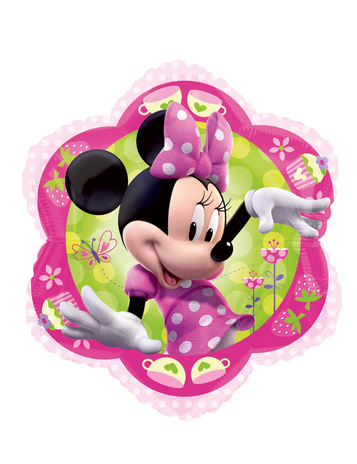 Balão de alumínio Minnie™ para criança cor de rosa e verde com motivos de flores e morangos