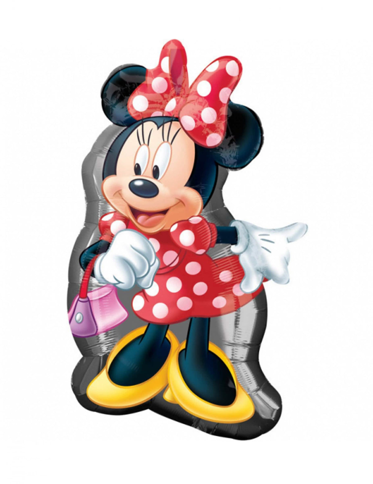 Balão de alumínio Minnie vermelho com bolinhas brancas, com laço e mala de mão cor de rosa