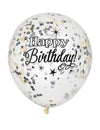 Ballon en latex Happy Birthday argent et or avec confettis