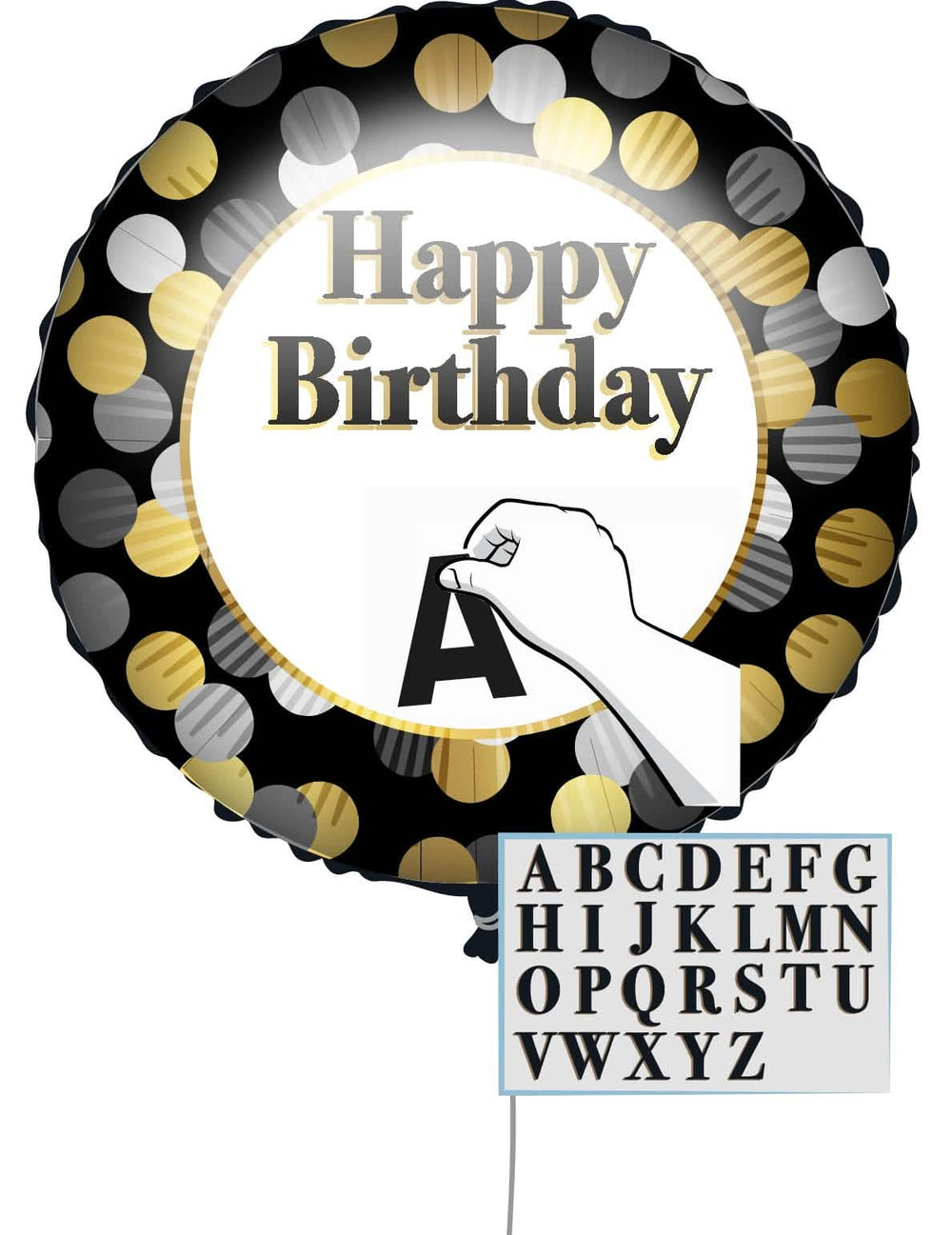 Balão personalizável Happy Birthday preto e dourado com letras adesivas