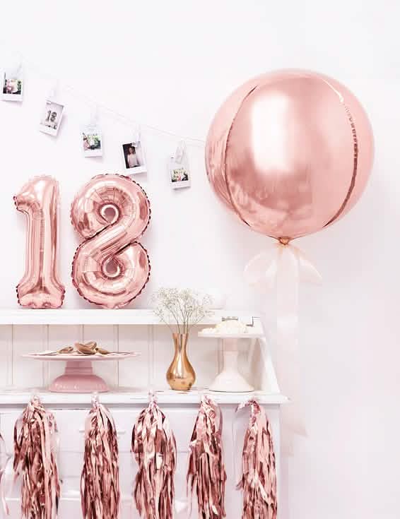 Decoração de aniversário com balão esférico metálico em ouro rosa em alumínio