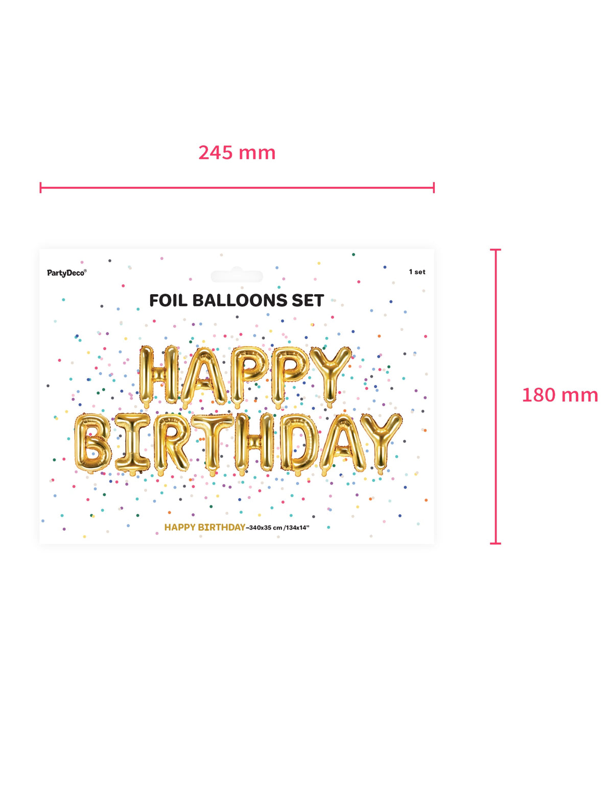 Dimensions du packaging des ballons aluminium lettres Happy Birthday pour anniversaire doré en guirlande