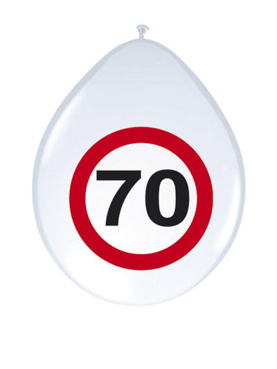 Ballon de baudruche 70 ans pour fête d'anniversaire blanc rouge et noir motif panneau de signalisation