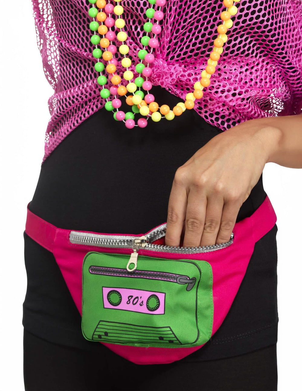 Banane années 80 pour adulte multicolore rose et vert avec motif cassette