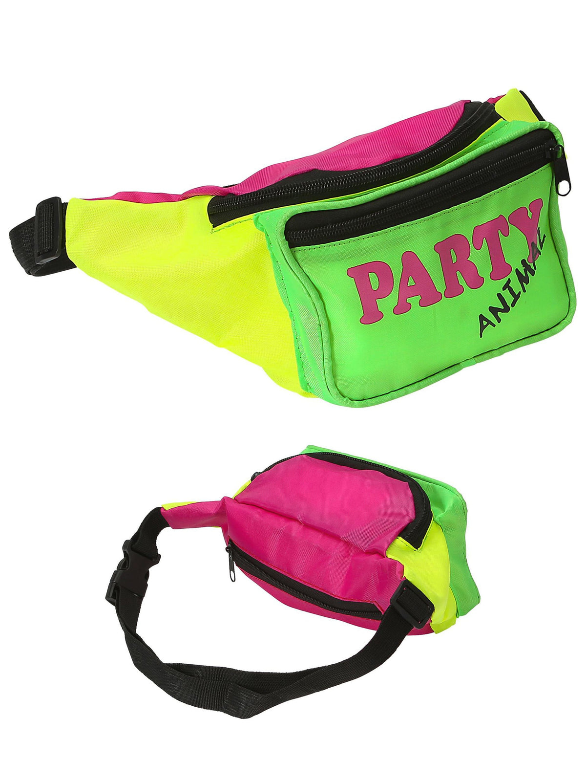 Banane années 80 party pour adulte rose jaune et vert fluo avec inscription Party Animal