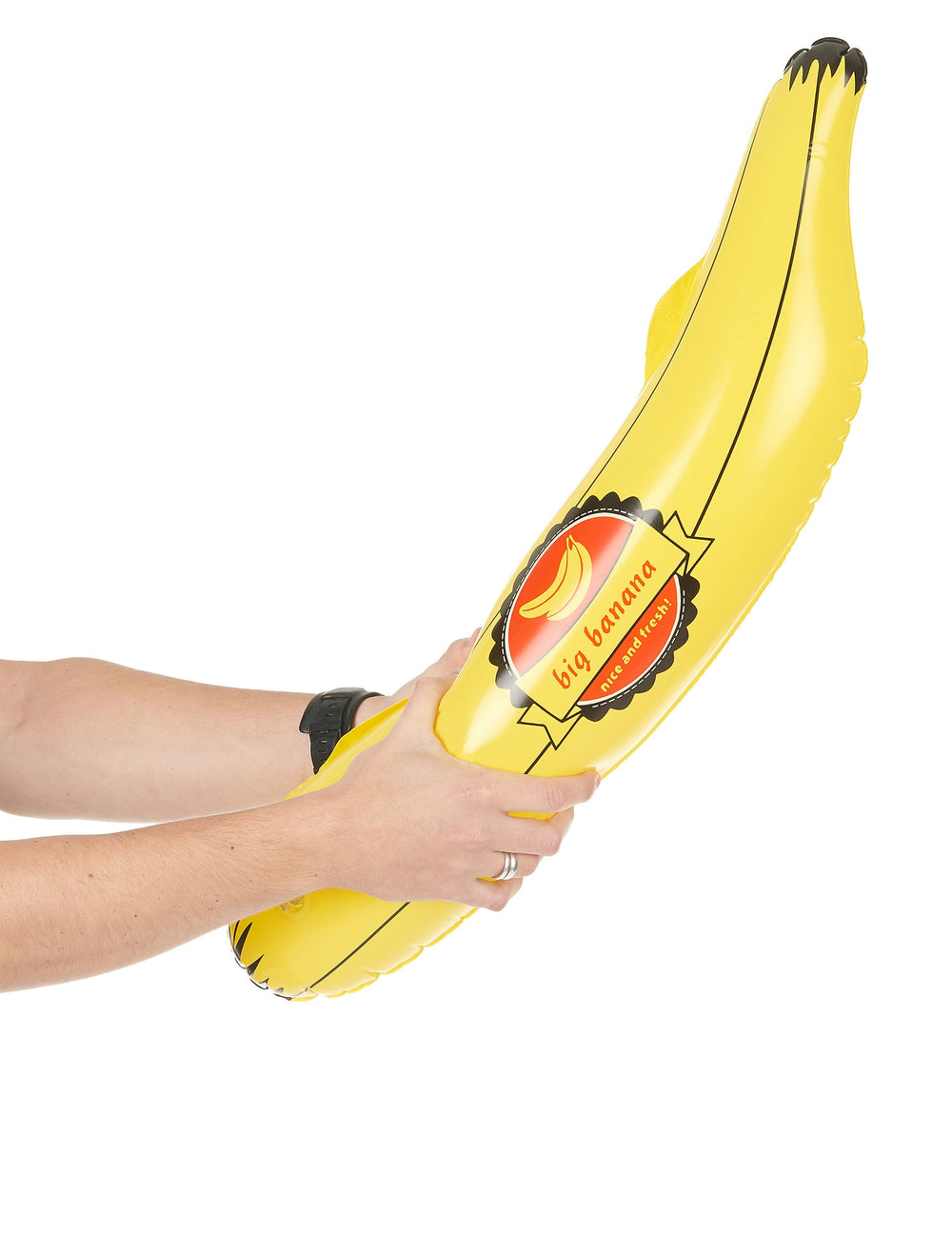 Mise en situation de la banane gonflable pour adulte jaune