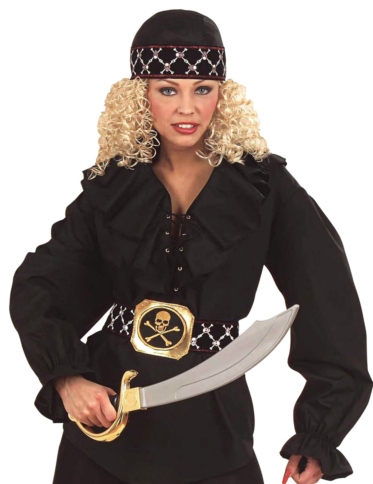Bandana de pirata para adulto preto com faixa com motivos de caveiras prateadas