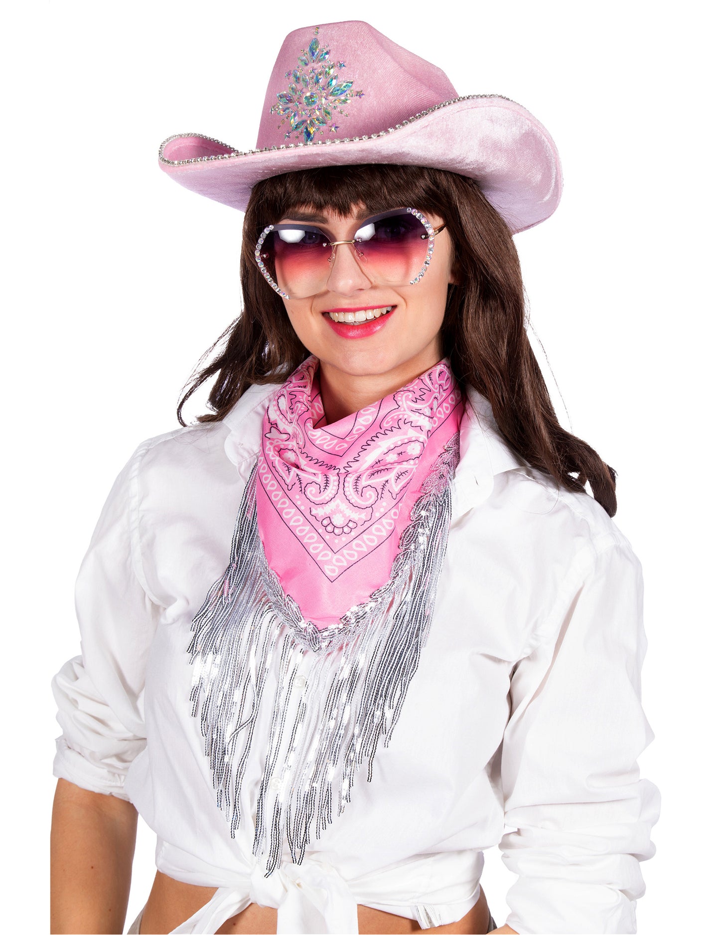 Bandana cor-de-rosa com franjas e lantejoulas para adulto