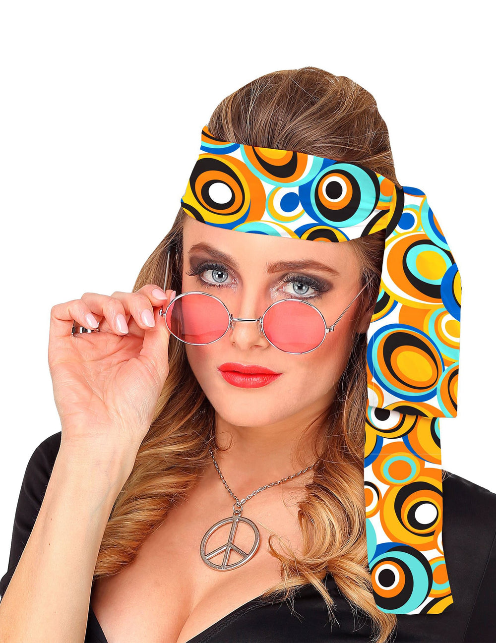 Vue de face portée du bandeau années 70 bubbles pour adulte