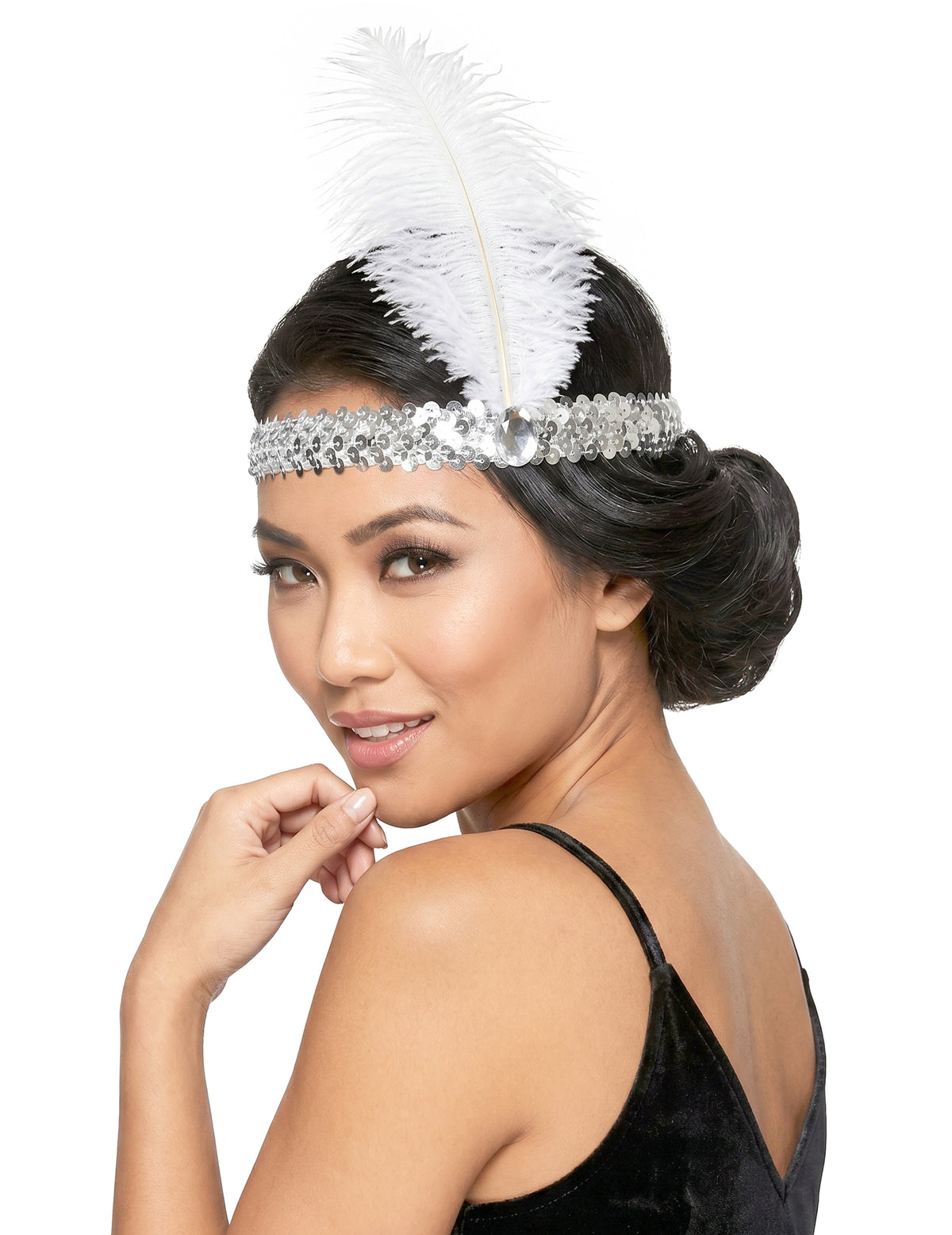 Bandana Charleston lantejoulas prateadas e pena - mulher
