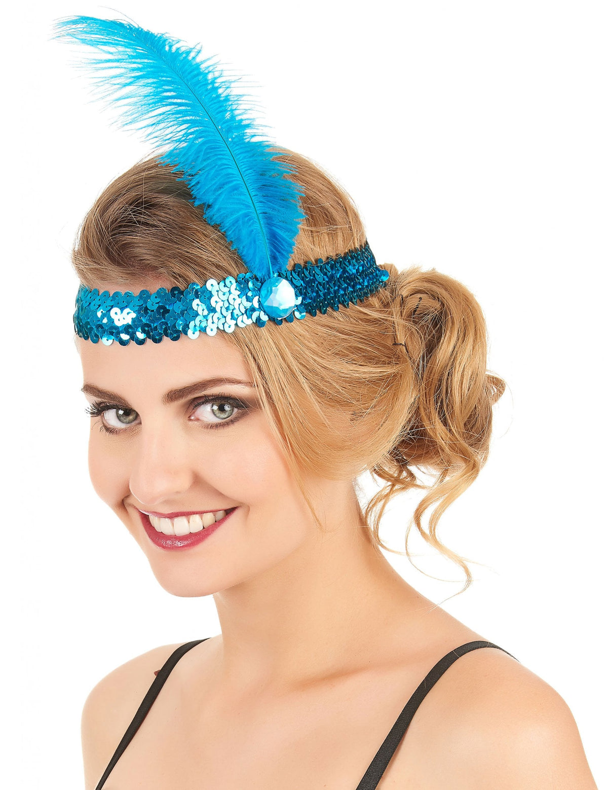 Vue de profil du bandeau à sequins et plume Charleston