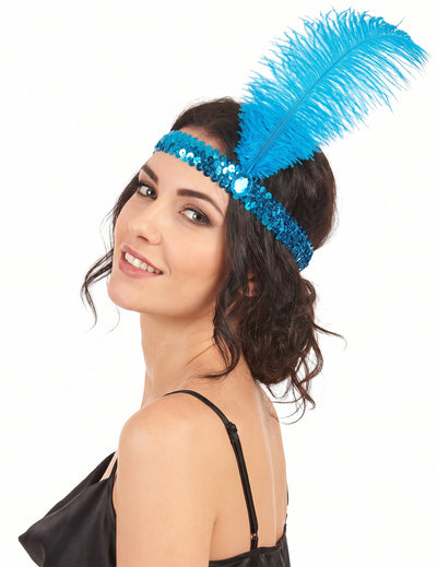 Bandolete charlestone com lantejoulas e pluma azul mulher