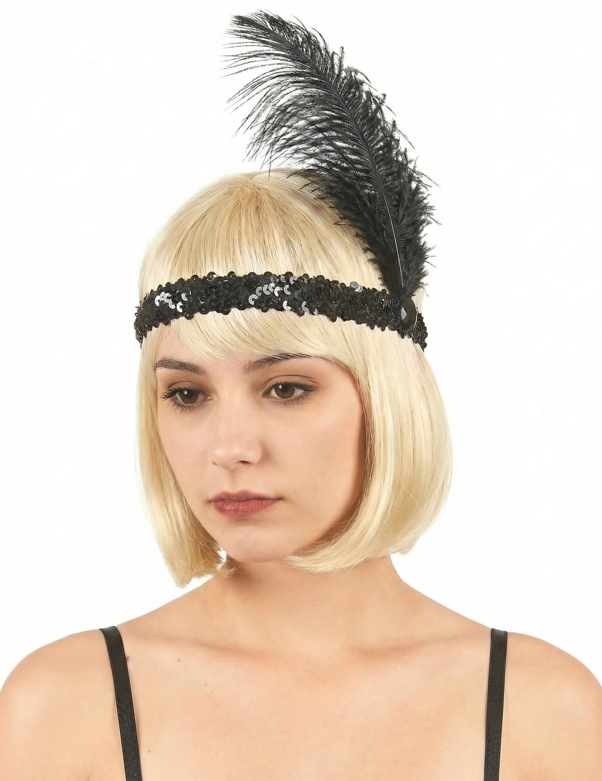 Bandeau charleston, anos 20 para mulher preto com lantejoulas e pena