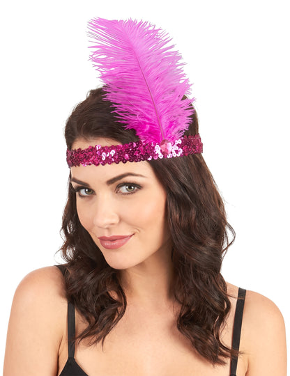 Bandolete charlestone com lantejoulas e pluma cor-de-rosa mulher