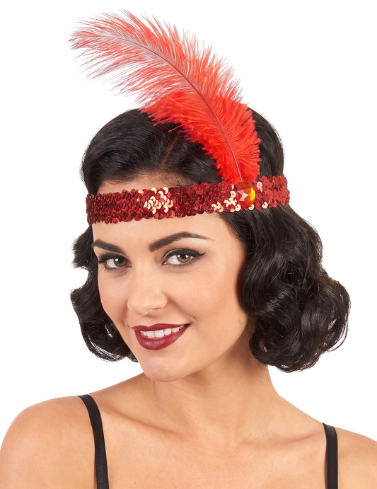 Bandolete charlestone com lantejoulas e pluma vermelho mulher