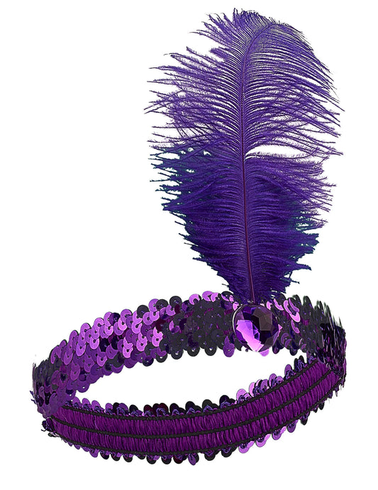 Bandolete charlestone com lantejoulas e pluma lilás mulher