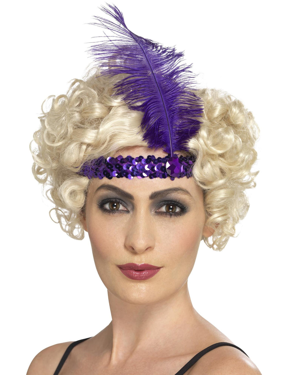 Gros plan du bandeau charleston pour femme à sequins et plume violette