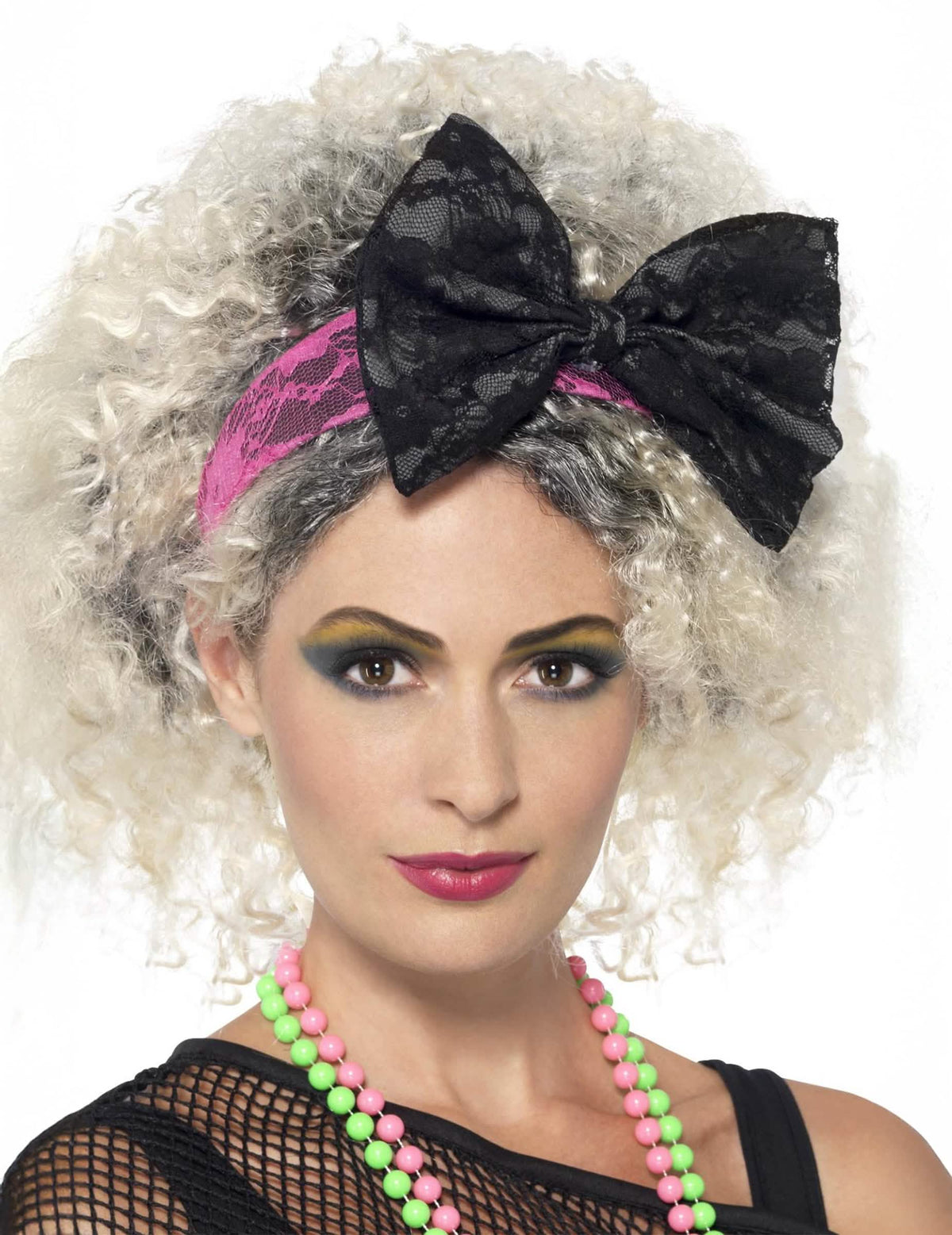 Bandolete de renda com grande laço para mulher cor de rosa e preto