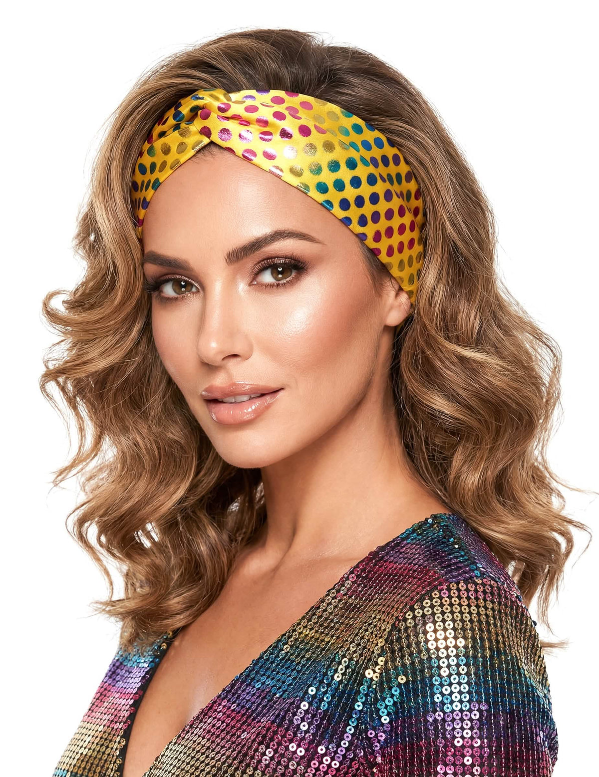 Grande plano da bandolete disco para mulher amarelo com bolinhas multicolores gama alta