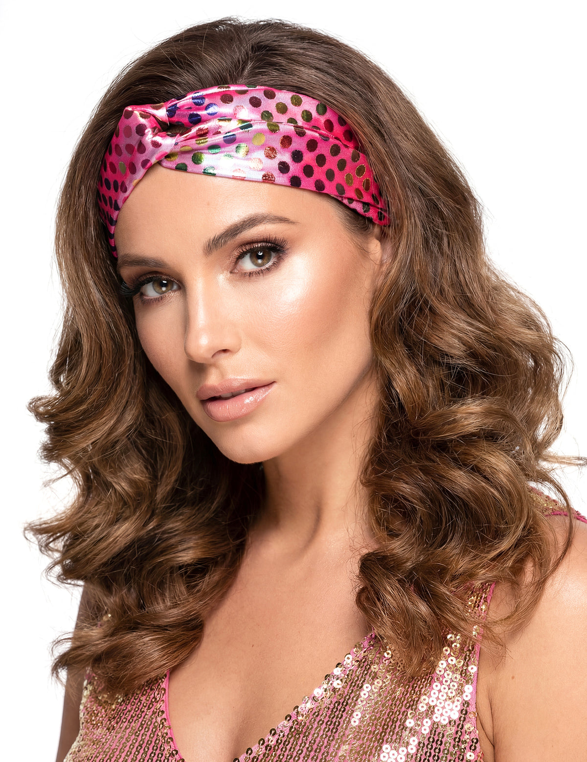 Gros plan du bandeau disco pour femme rose