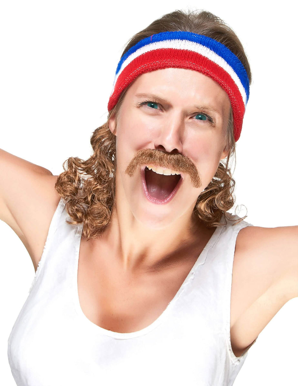Vista frontal da banda de cabelo mullet azul branco e vermelho
