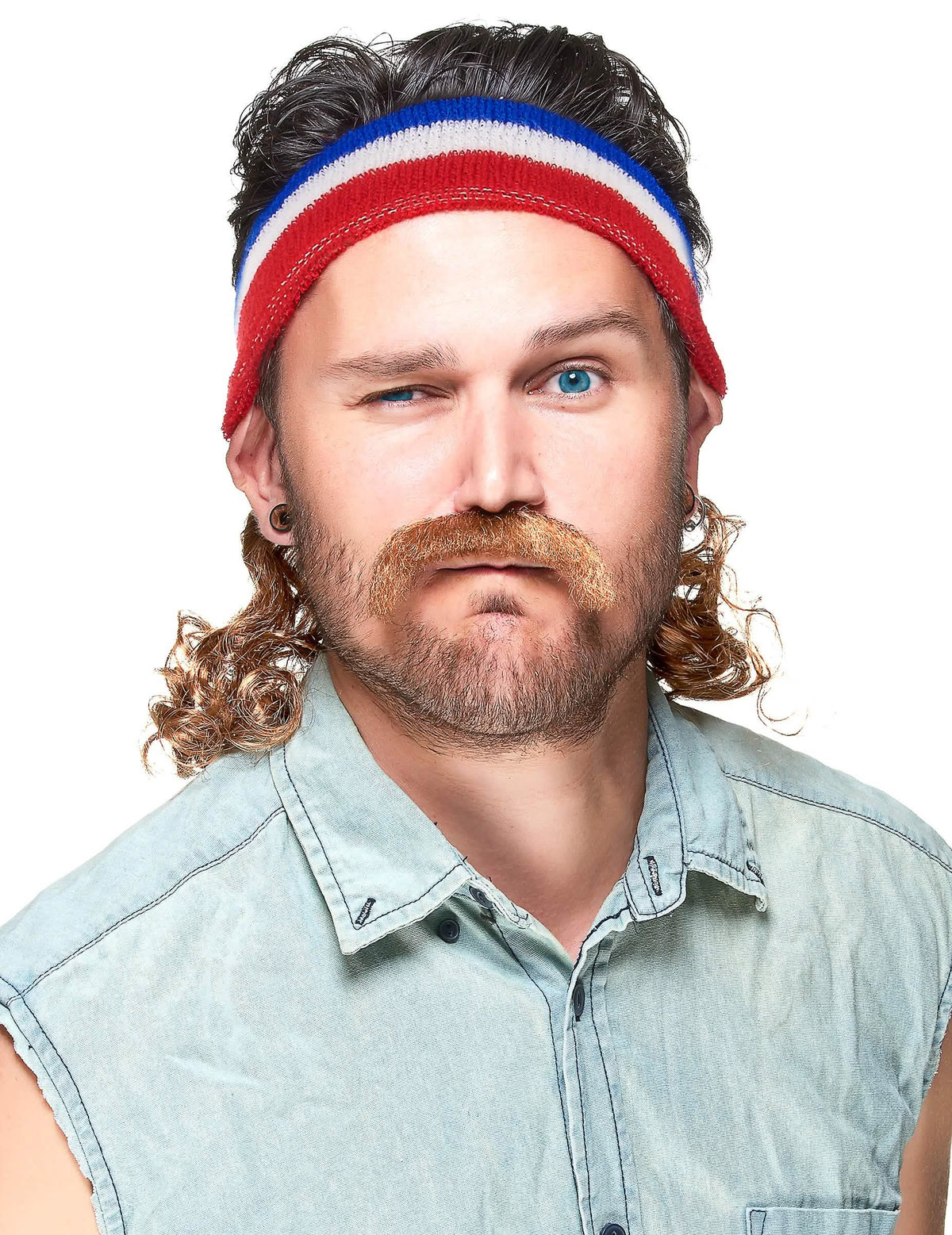 Banda para o cabelo mullet azul branco e vermelho para adulto tricolor com cabelo castanho encaracolado