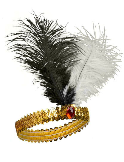 Bandeau charleston à plumes pour adulte doré avec plumes noires et blanches et pierre rouge