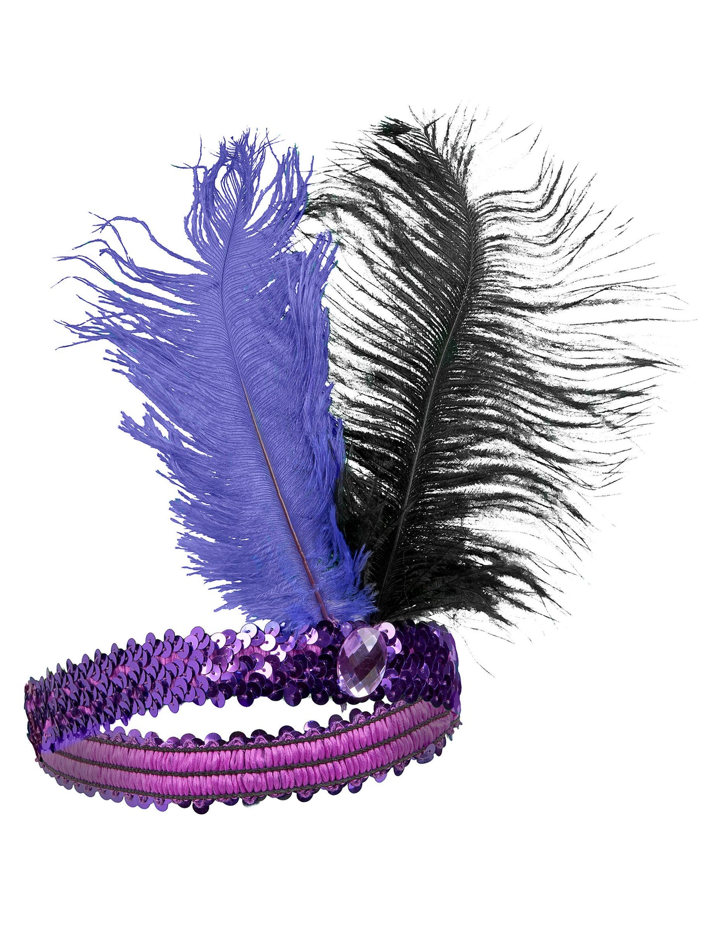 Vue de face aux sequins violets et plumes noires et violettes du bandeau charleston à plumes adulte