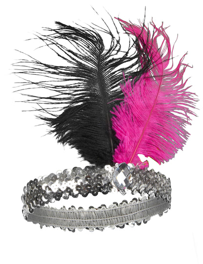Vue de face aux sequins argentés et plumes roses du bandeau charleston à plumes adulte