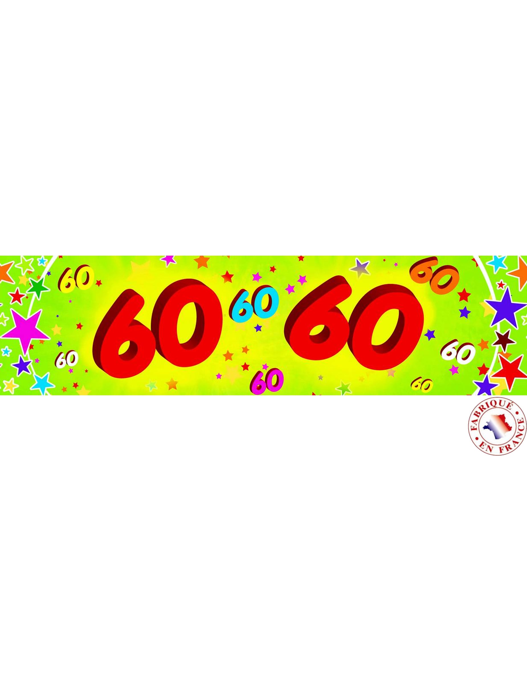 Banderole papier 60 ans pour anniversaire vert fluo avec étoiles multicolores
