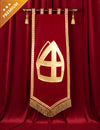 Bannière de Saint-Nicolas rouge et or luxe avec mitre dorée et franges