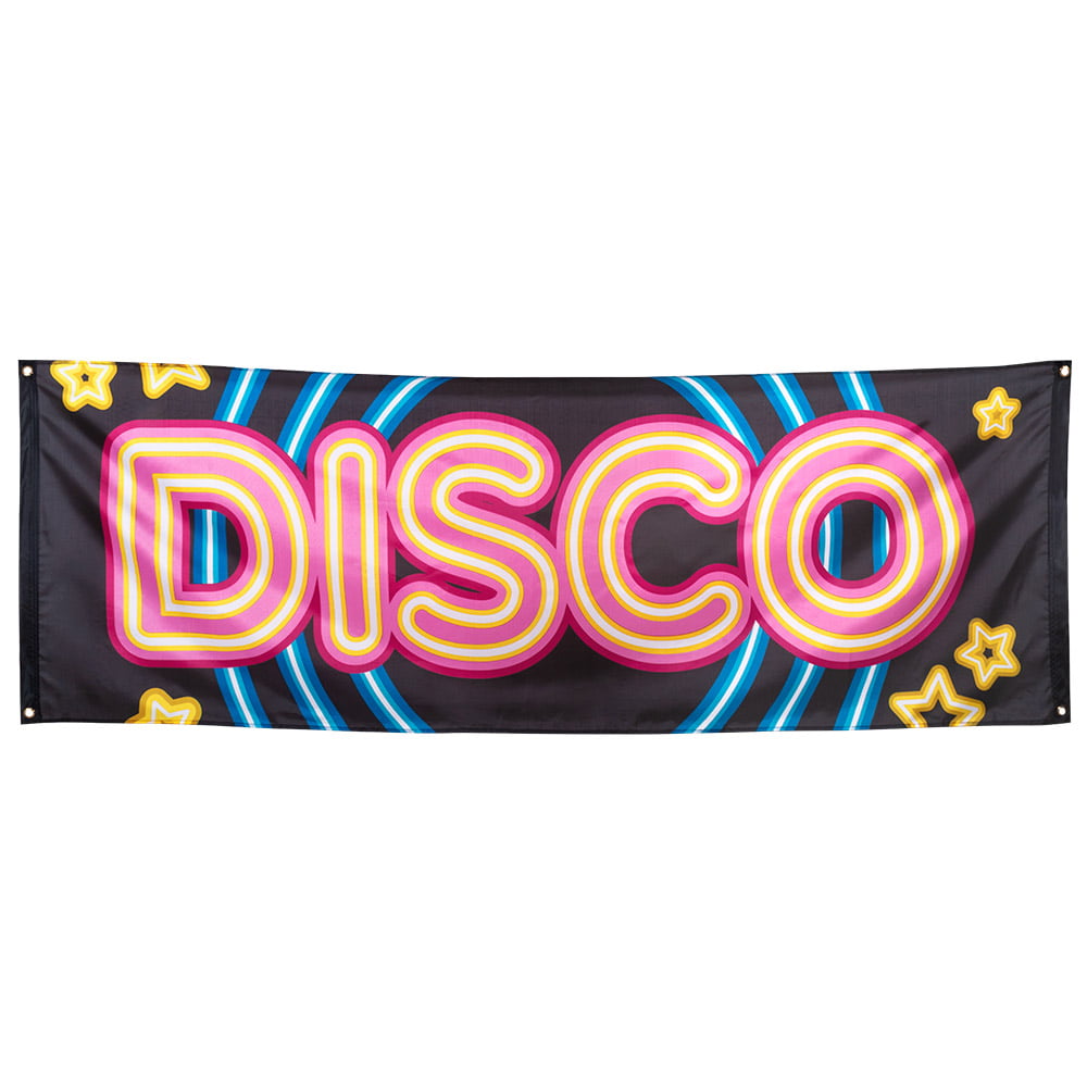 Bannière Disco Fever pour fête noire avec lettrage rose et jaune